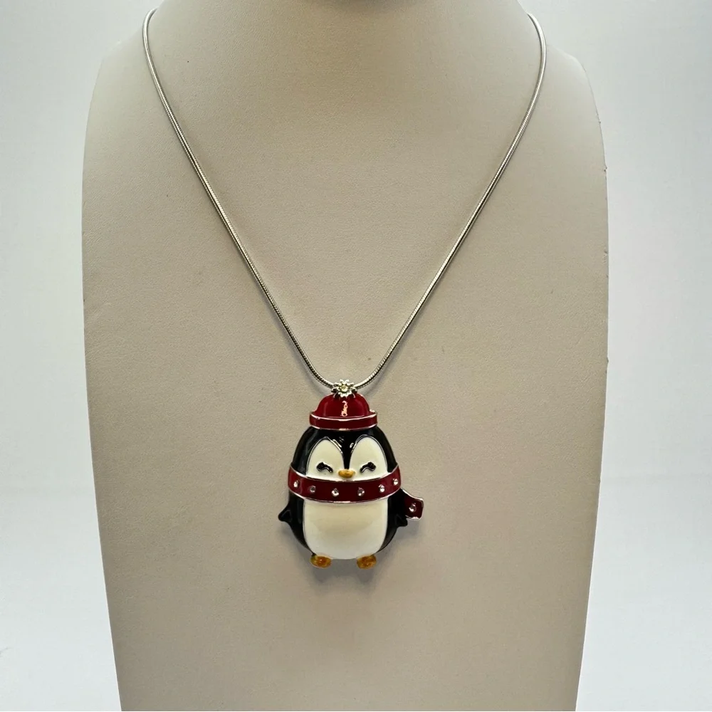 Silver Tone Enamel Penguin Necklace Winter Holiday Cute Boho Long Snake Chain